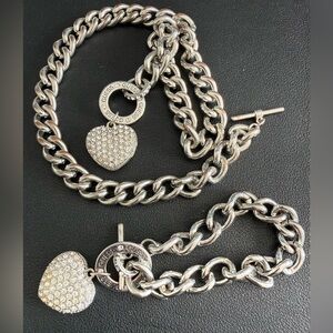 GUESS Silver Crystal Heart Toggle Necklace Set